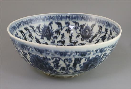 A large Chinese Ming blue and white lotus bowl, late 15th / early 16th century, width 36cm